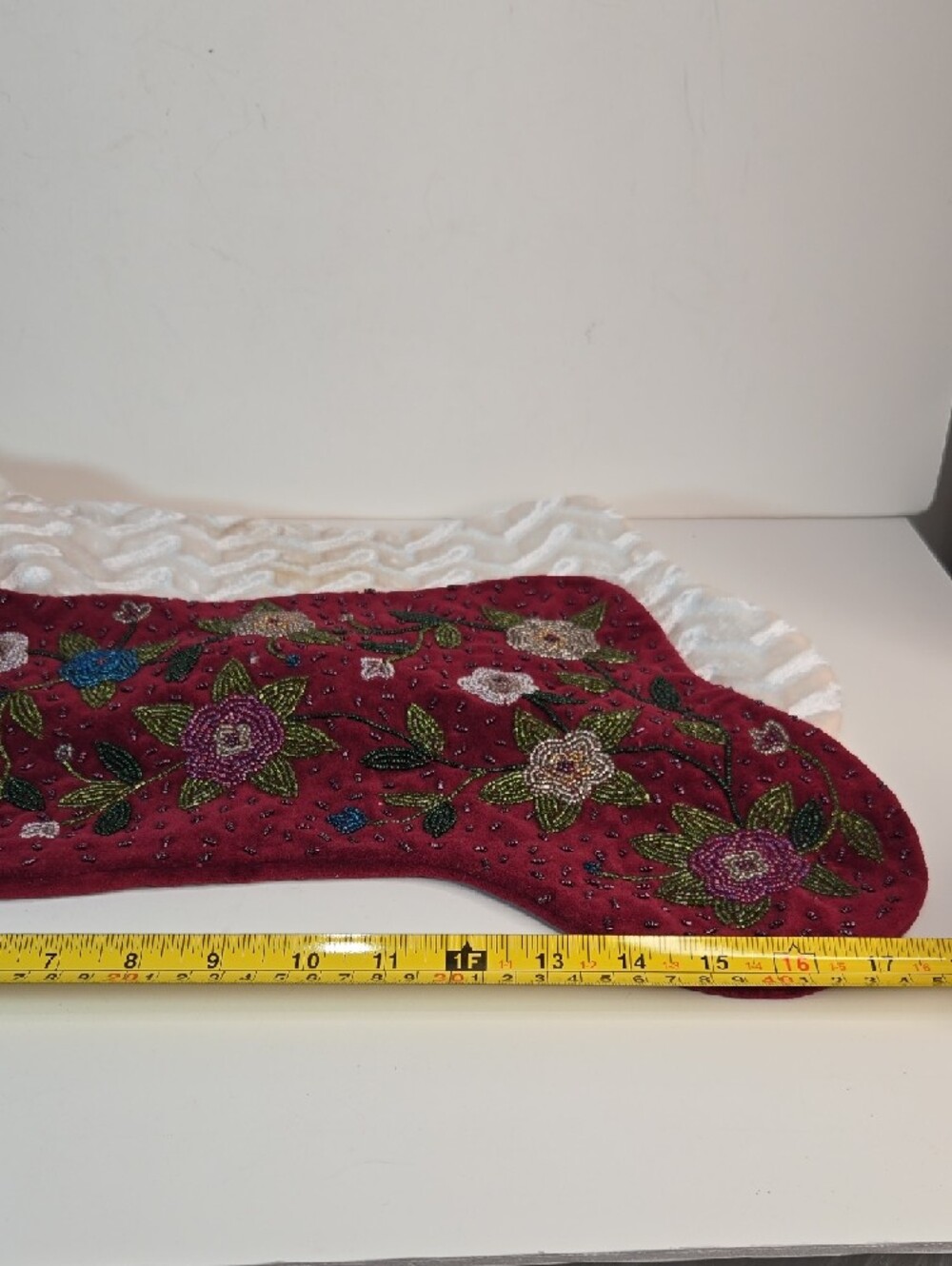 Christmas Stockings Set Glam Burgundy Green Beaded & White Fuzzy Sparkly Large - Picture 11 of 12